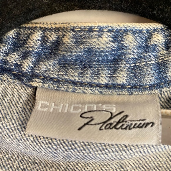 Chico’s Platinum Ruffled Jean jacket with rhinestone pockets and buttons.Size 8 - Picture 8 of 12